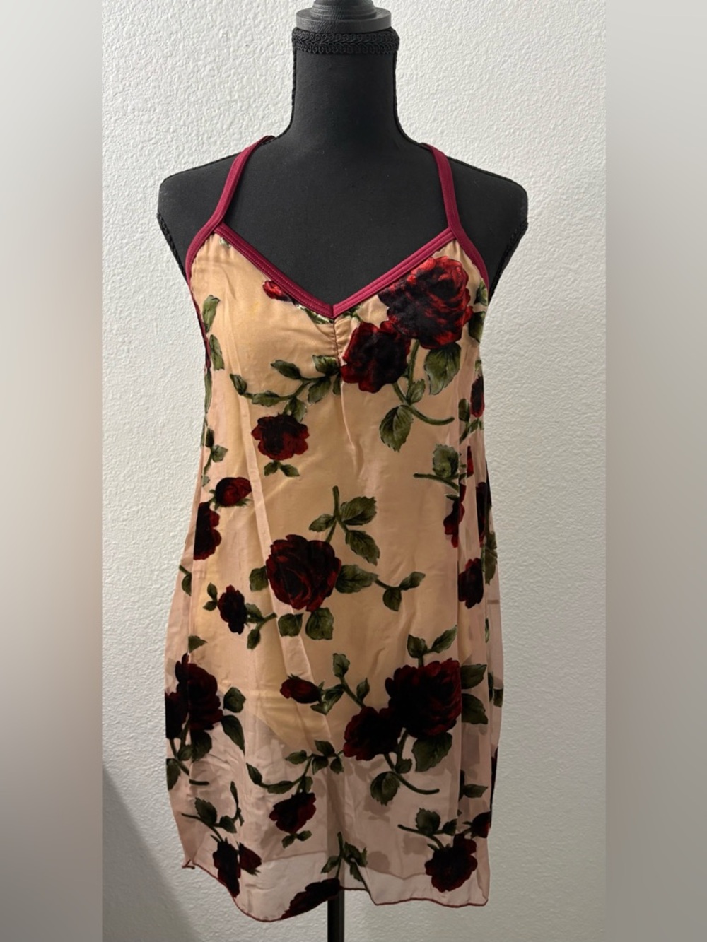 Floral Satin Slip Dress with Burgundy Trim